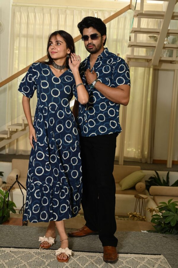 couples matching shirt and dress NoonSun - Couple Matching Puff-Sleeve Midi A-Line Dress / Shirt / Straight Leg Pants