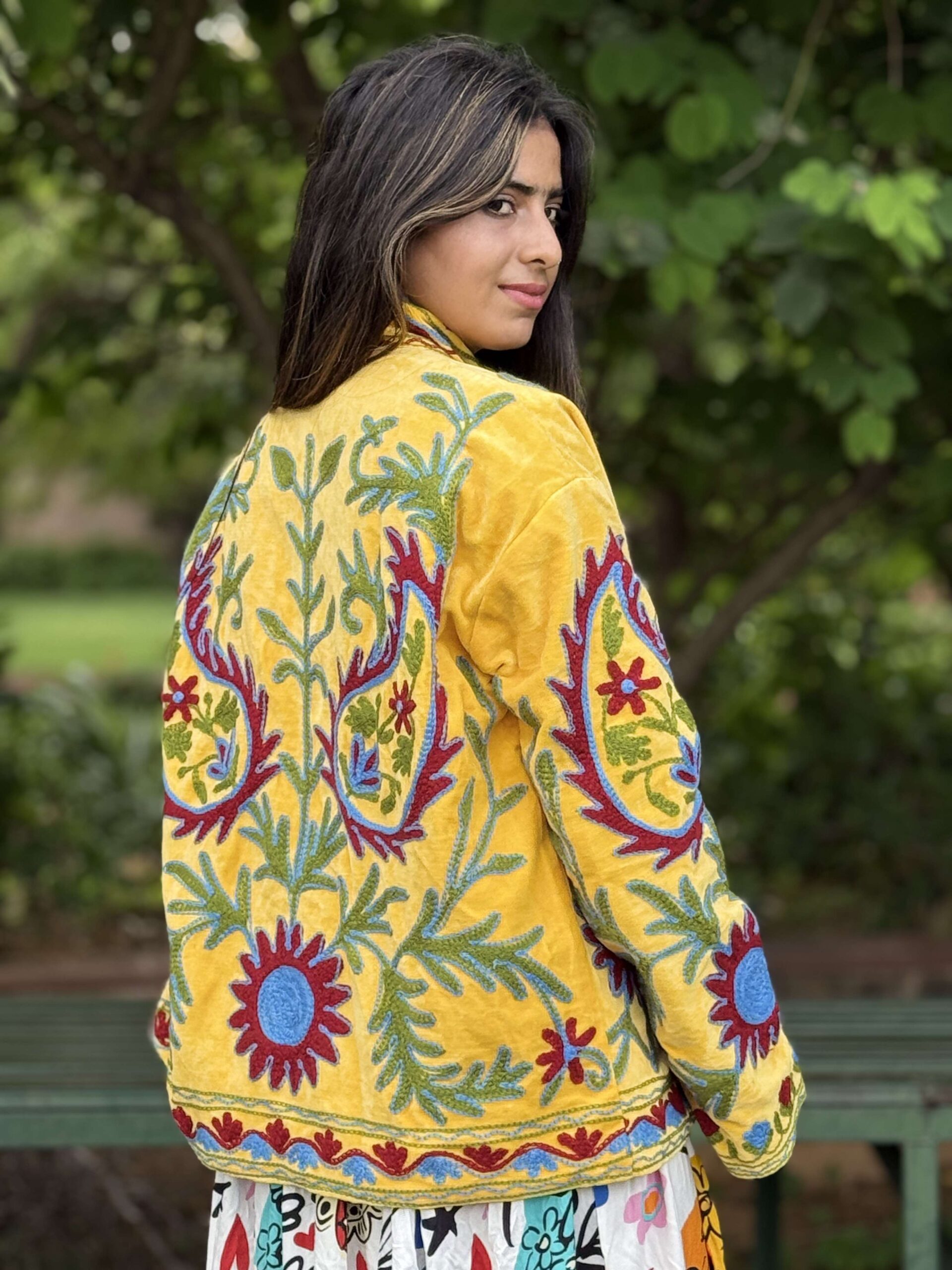 Womens Yellow Velvet Embroidered Jacket with Floral Design