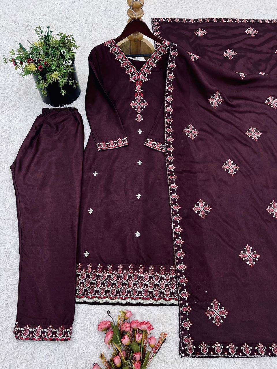 Women's Chinnon Silk Embroidery Sequence Work and Lace Work Straight Kurti With Pant and Dupatta - Image 15