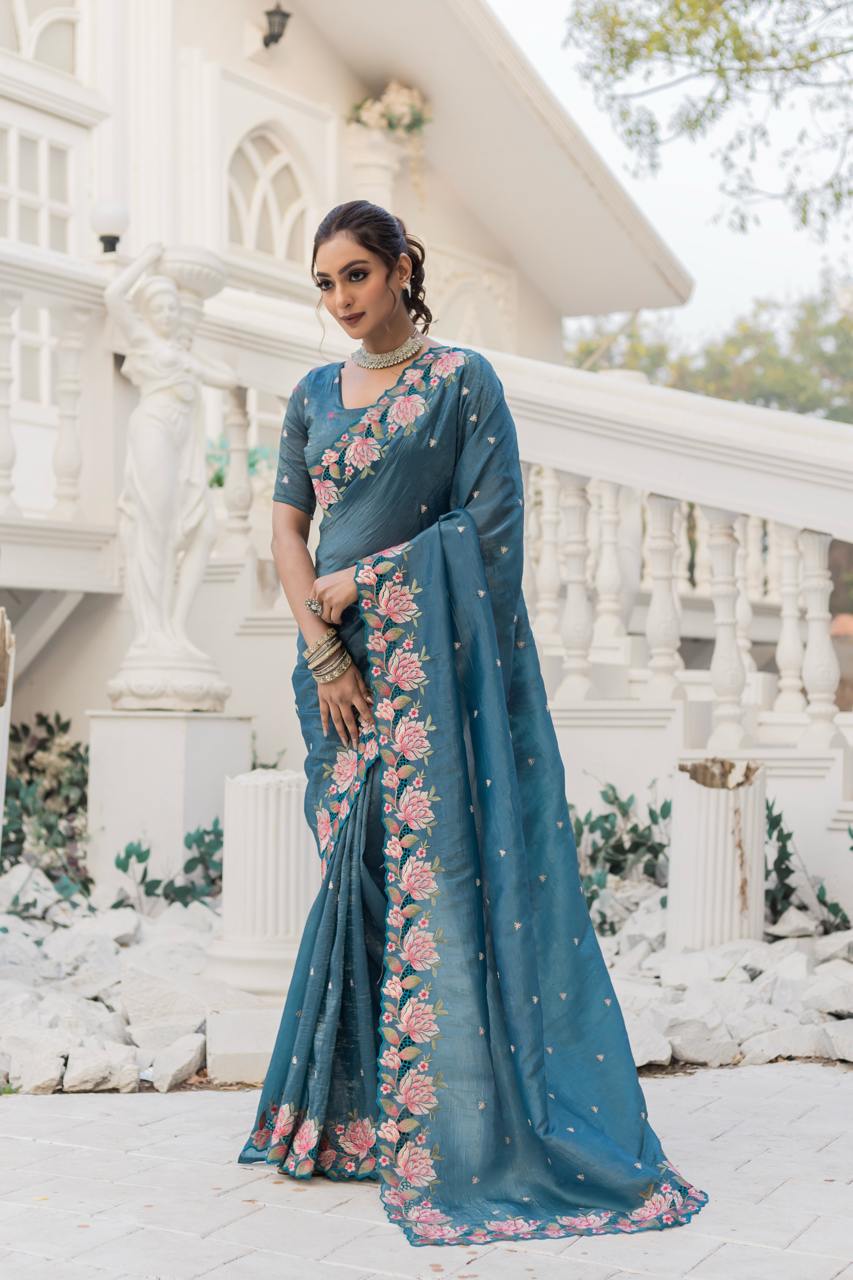 Women's Pristine White Organza Saree with Exquisite Pink & Green Floral Thread Embroidery – Complete with Matching Embroidered Blouse for Festive & Summer Wear - Image 21